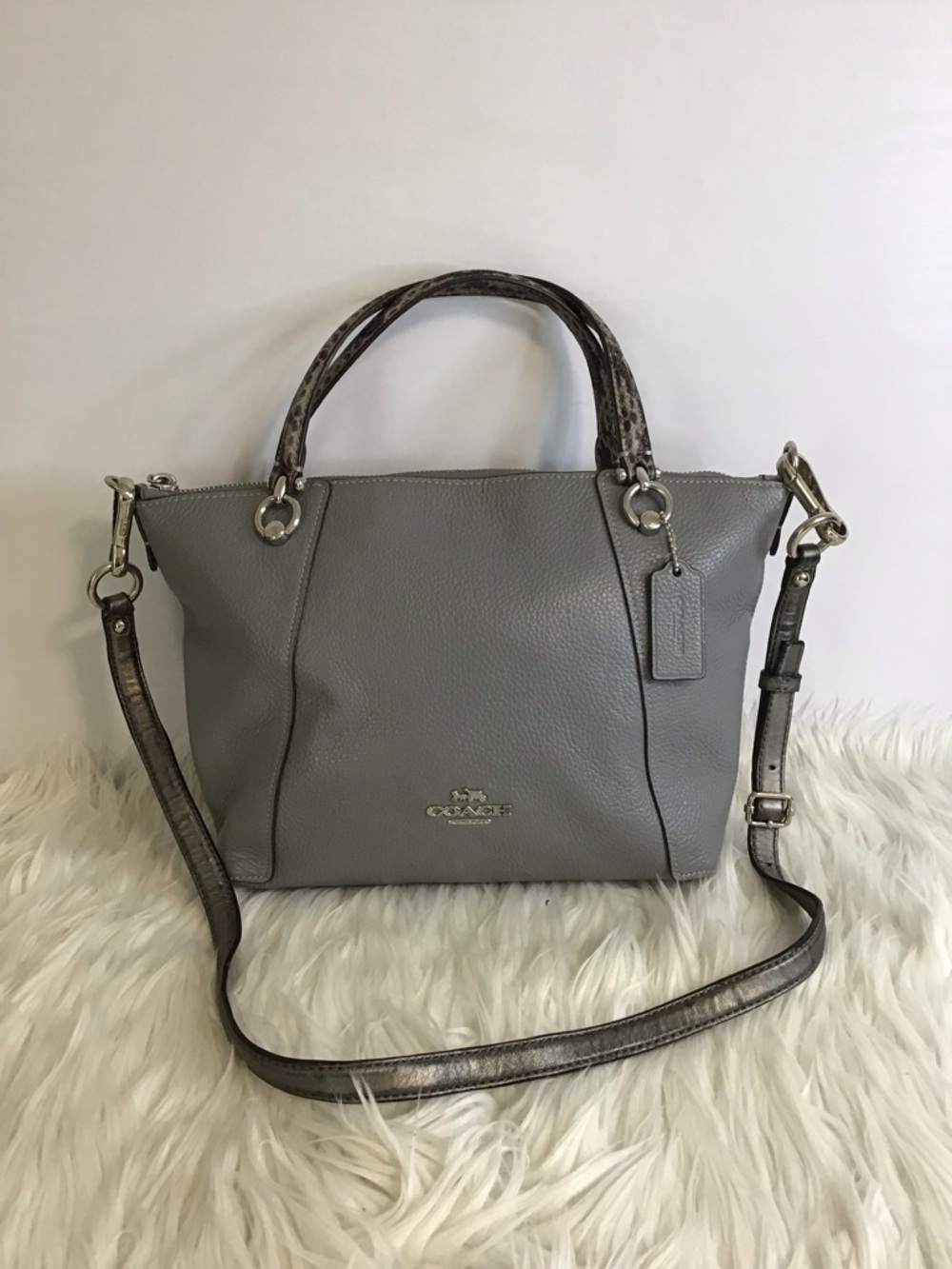 Coach Kacey Satchel Crossbody Silver/Granite Leather Snakeskin Handle
